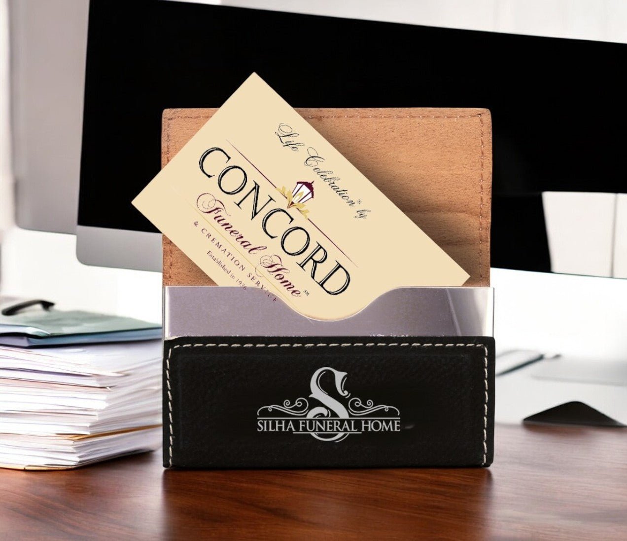Funeral Home Engraved Leatherette Business Card Holder - The Funeral Program Site Funeral Home Engraved Leatherette Business Card Holder - The Funeral Program Site