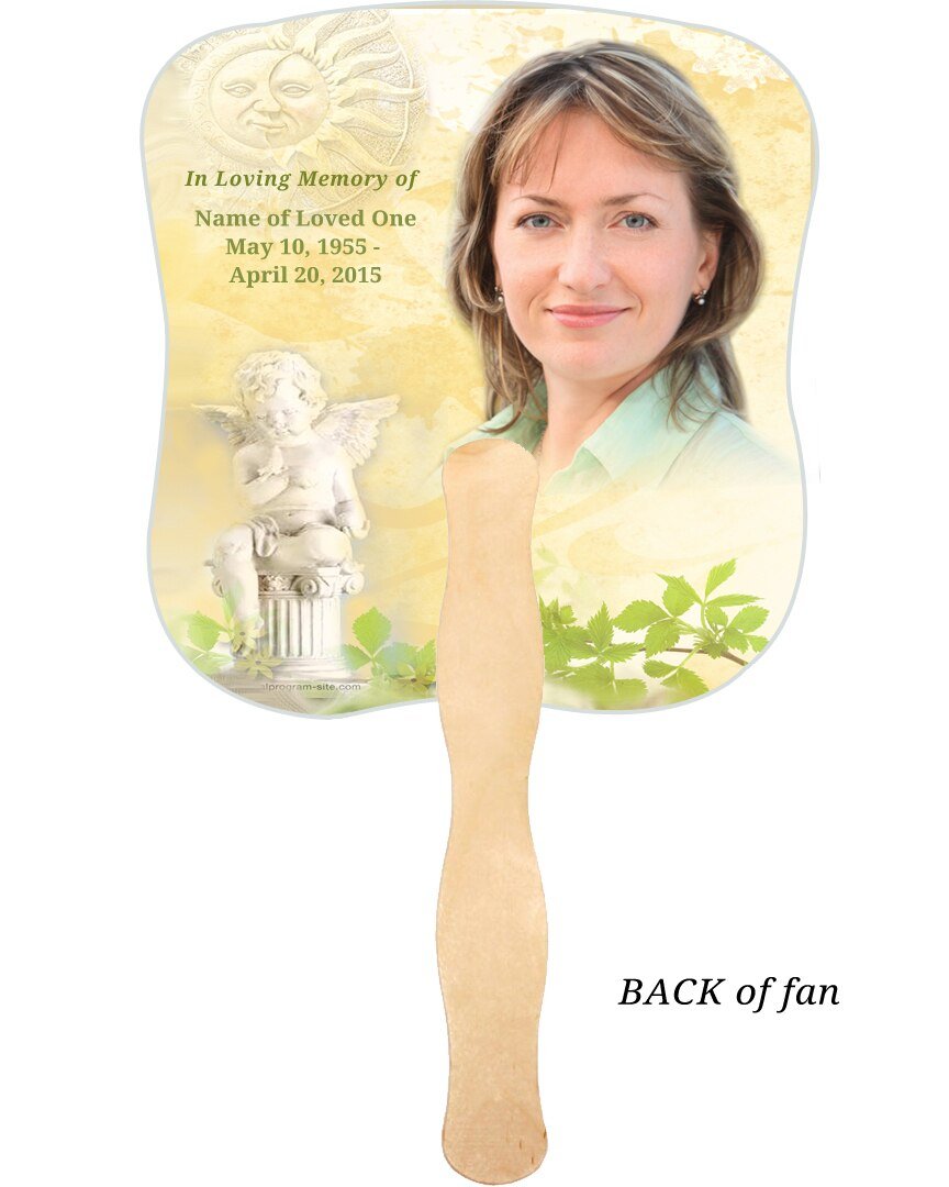 Cherub Cardstock Memorial Fan With Wooden Handle (Pack of 10) - The Funeral Program Site