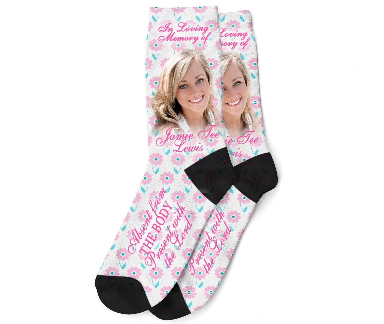 Pink Flowers Personalized In Memory Mens - Womens Crew Socks - The Funeral Program Site