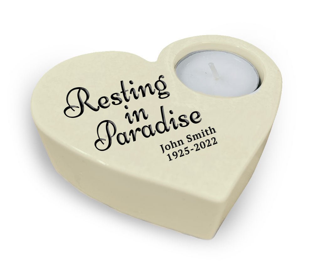 Resting In Paradise Stone Heart Memorial Tea Light Candle Holder - The Funeral Program Site