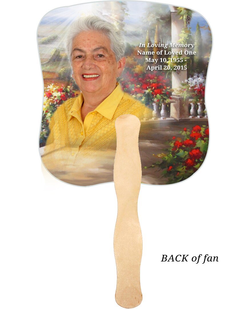 Tuscany Cardstock Memorial Fan With Wooden Handle (Pack of 10) - The Funeral Program Site