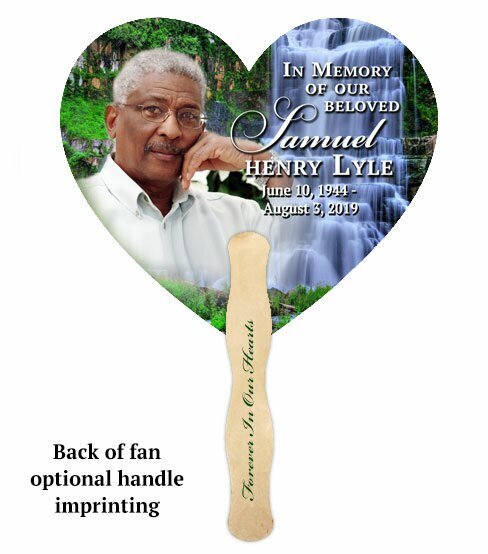 Waterfall Heart Memorial Fan With Wooden Handle (Pack of 10) - The Funeral Program Site