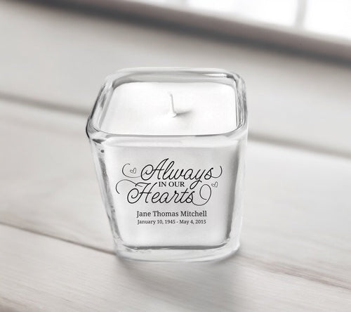 Always In Hearts Personalized Glass Cube Memorial Candle - The Funeral Program Site
