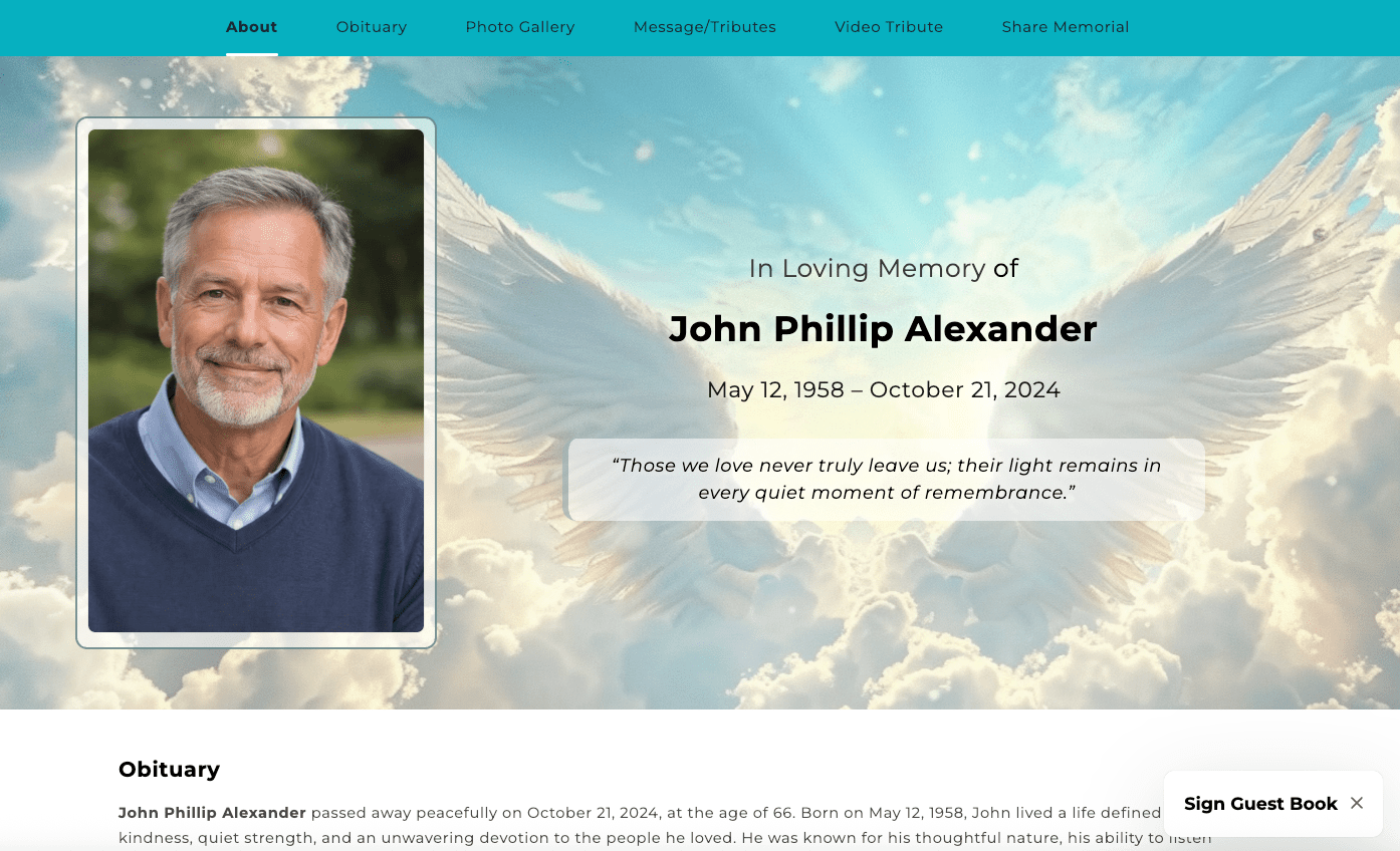Angel Wings Online Memorial Website - The Funeral Program Site