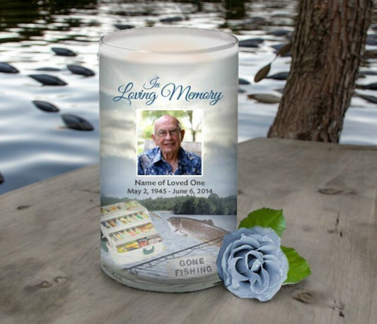 Angler Personalized Glass Memorial Candle - The Funeral Program Site