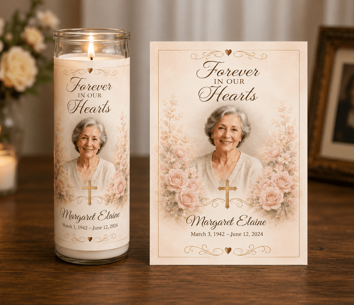 Blush Rose Cross DIY Memorial Candle Wrap Template - The Funeral Program Site