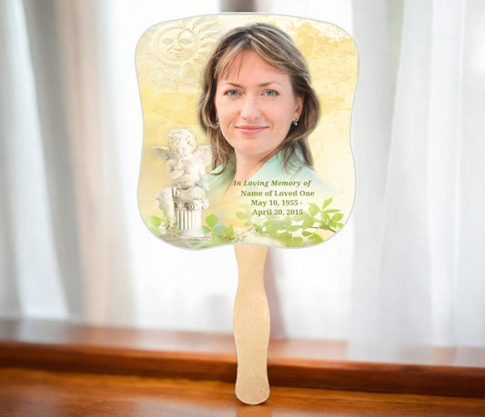 Cherub Cardstock Memorial Fan With Wooden Handle (Pack of 10) - The Funeral Program Site