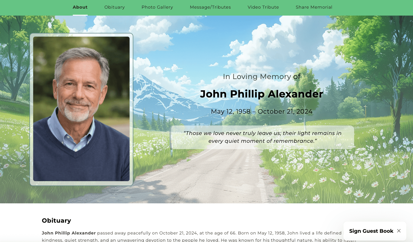 Country Road Online Memorial Website - The Funeral Program Site