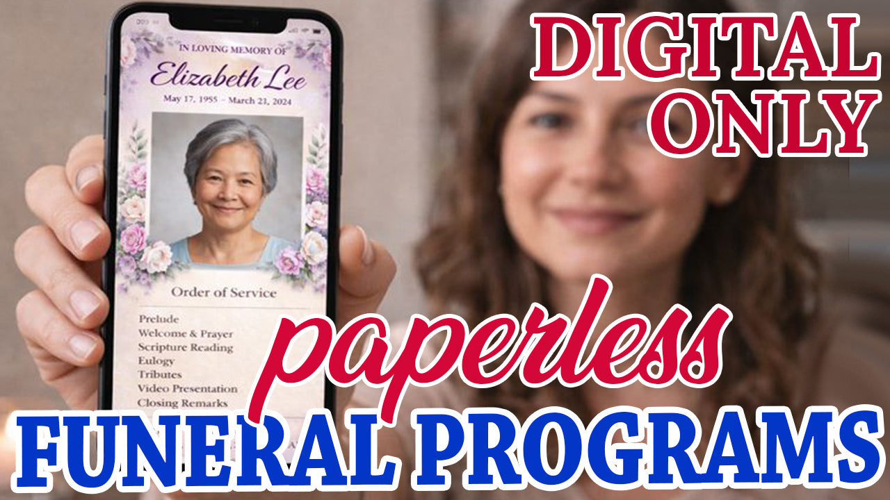 Load video: Video from The Funeral Program Site showing digital funeral programs displayed on a smartphone and tablet, featuring a peaceful Celebration of Life design with a memorial photo, order of service, and faith-inspired background for virtual funeral services.