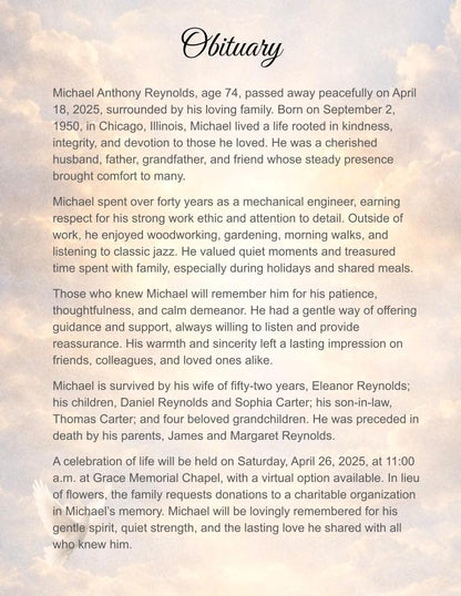 Golden Skies Digital Only Funeral Program Template - The Funeral Program Site