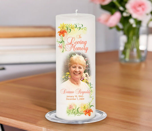 Lily Personalized Wax Pillar Memorial Candle - The Funeral Program Site