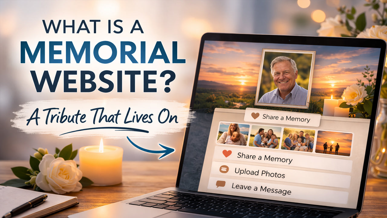 Cargar video: The Funeral Program Site memorial website displayed on a laptop screen surrounded by candles, flowers, and framed family photos, illustrating a digital tribute page where loved ones can share memories, upload pictures, and leave sympathy messages in an online guest book.