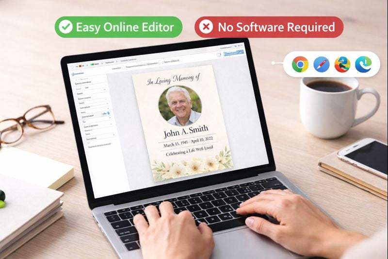 Person using a laptop with an online editor for creating memorials, with a cup of coffee and phone on a desk.
