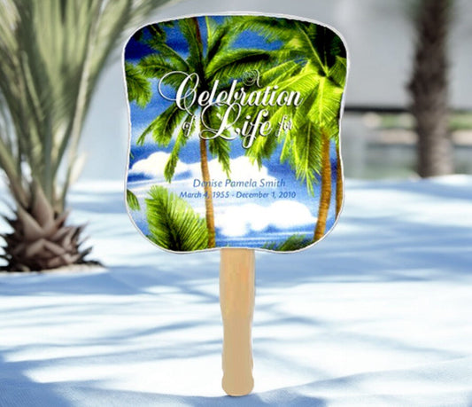 Paradise Cardstock Memorial Fan With Wooden Handle (Pack of 10) - The Funeral Program Site