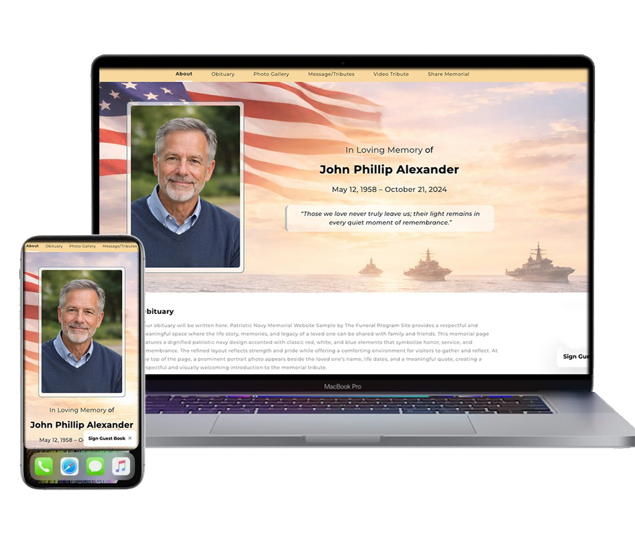 Patriotic Navy Online Memorial Website - The Funeral Program Site