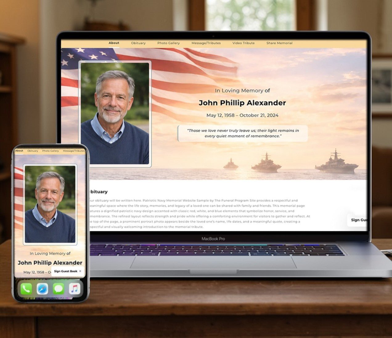 Patriotic Navy Online Memorial Website - The Funeral Program Site