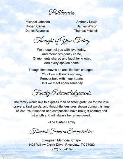 Peaceful Shores Digital Only Funeral Program Template - The Funeral Program Site