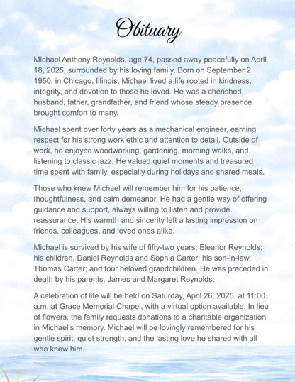 Peaceful Shores Digital Only Funeral Program Template - The Funeral Program Site