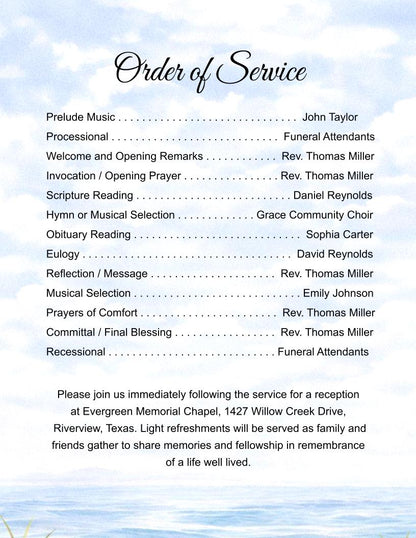 Peaceful Shores Digital Only Funeral Program Template - The Funeral Program Site