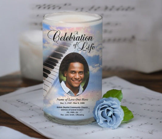 Piano Ivory Personalized Glass Memorial Candle - The Funeral Program Site