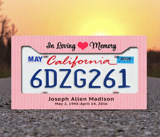 Pink Stripes Custom In Loving Memory License Plate Frame - The Funeral Program Site