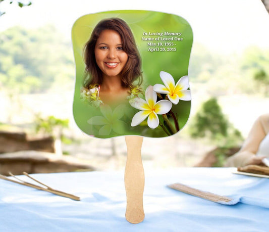 Plumeria Cardstock Memorial Fan With Wooden Handle (Pack of 10) - The Funeral Program Site