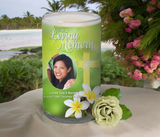 Plumeria Cross Personalized Glass Memorial Candle - The Funeral Program Site