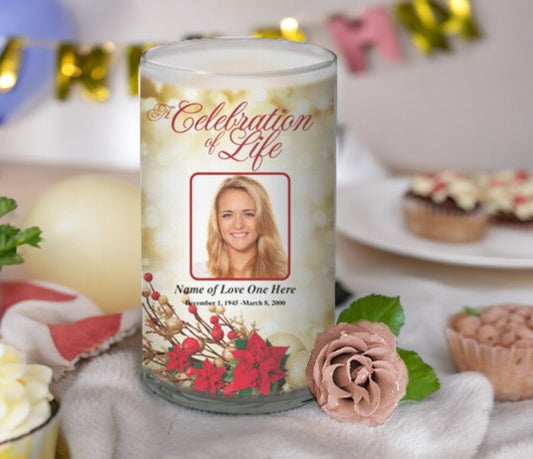 Poinsettia Personalized Glass Memorial Candle - The Funeral Program Site