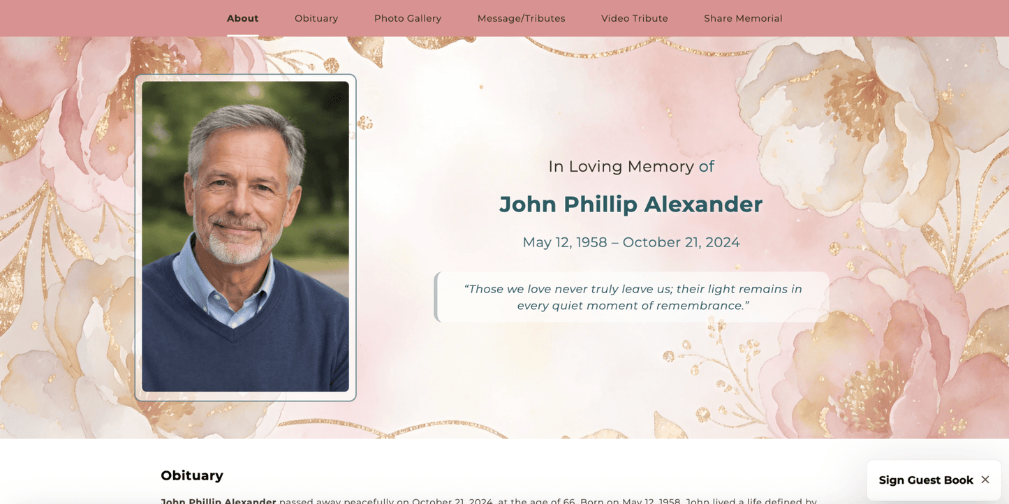Rose Florals Online Memorial Website - The Funeral Program Site