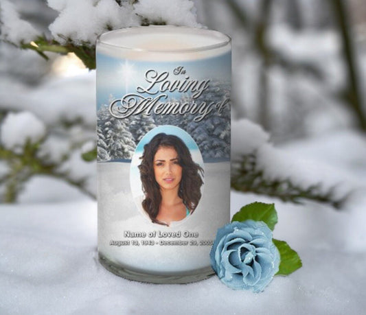 Snowcaps Personalized Glass Memorial Candle - The Funeral Program Site