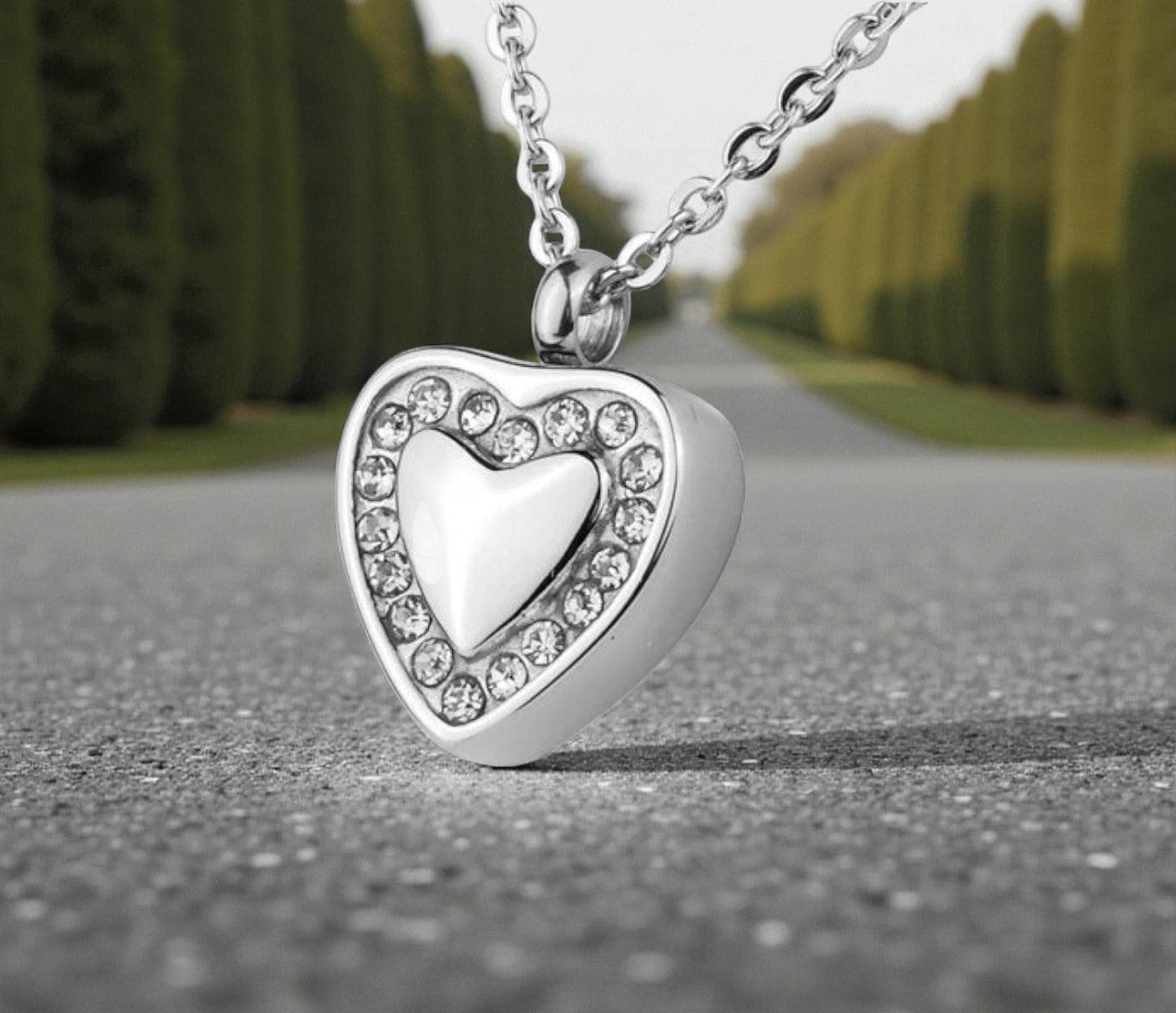 Stainless Steel Rhinestone Heart Urn Necklace Pendant - The Funeral Program Site