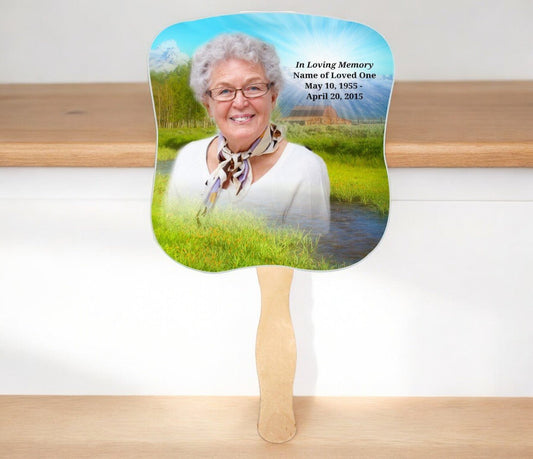 Tranquil Cardstock Memorial Fan With Wooden Handle (Pack of 10) - The Funeral Program Site