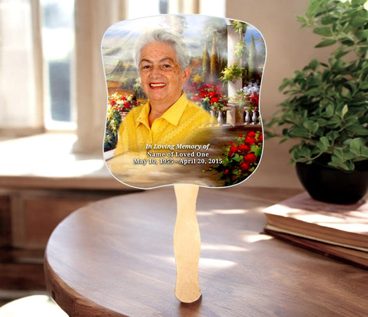 Tuscany Cardstock Memorial Fan With Wooden Handle (Pack of 10) - The Funeral Program Site