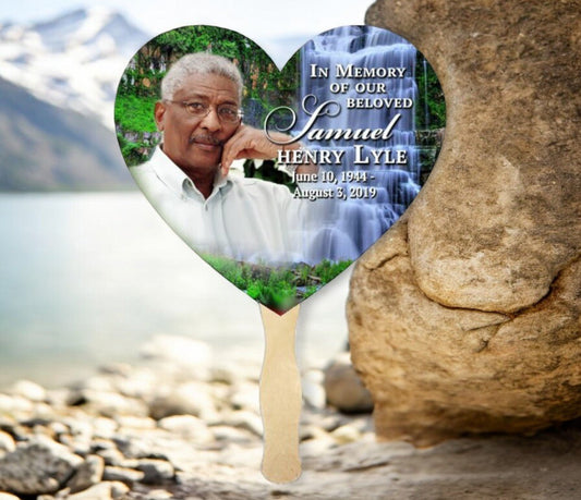 Waterfall Heart Memorial Fan With Wooden Handle (Pack of 10) - The Funeral Program Site