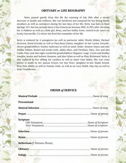 Rose Branches Top Fold Google Docs Funeral Program Template.