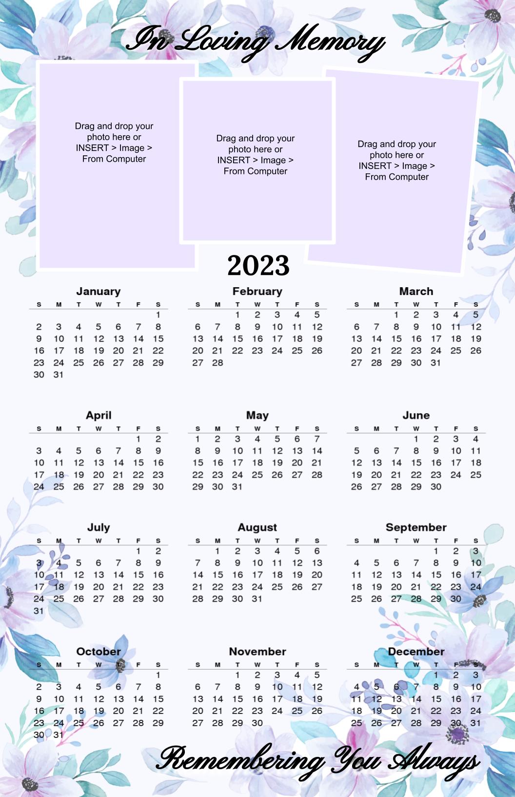 Watercolor Florals Memorial Calendars Template Google Docs.