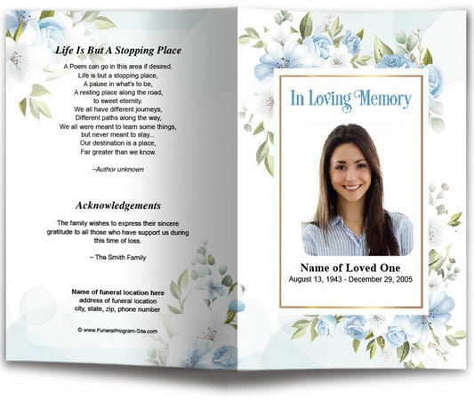 Blue Blossom Watercolor Funeral Program Template - The Funeral Program Site