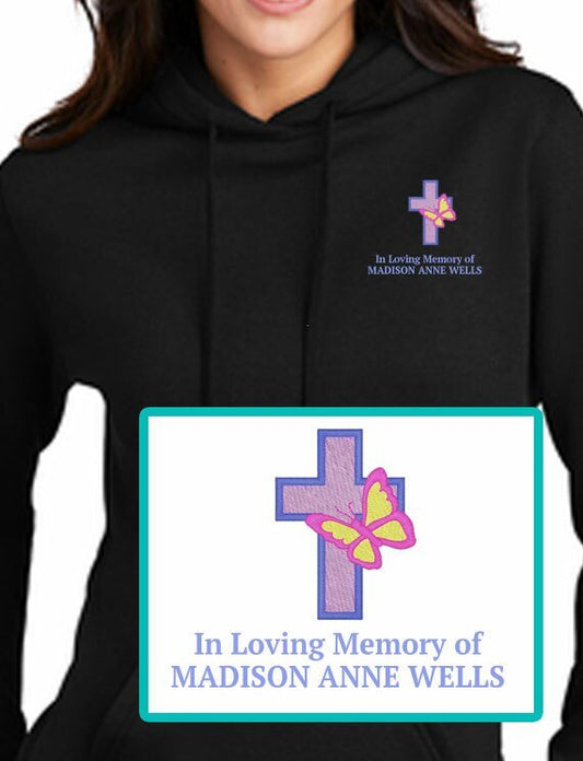 Butterfly Cross Embroidery Fleece Hooded Memorial Sweatshirt (Ladies - Men) - The Funeral Program Site