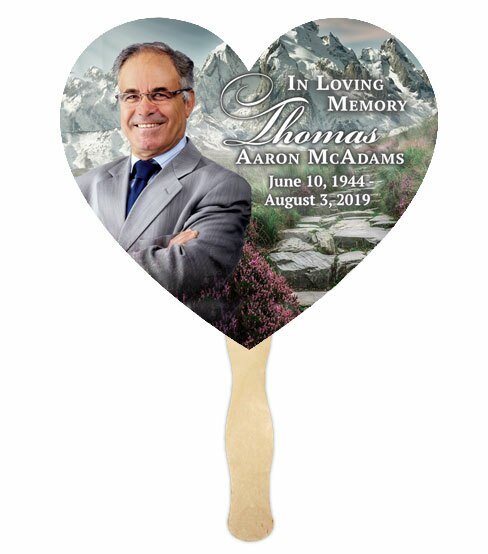 Grand Mountain Heart Memorail Fan With Wooden Handle (Pack of 10) - The Funeral Program Site