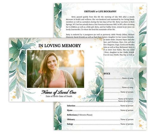 Green Leaf Greeting Card Style Google Docs Funeral Program Template - The Funeral Program Site