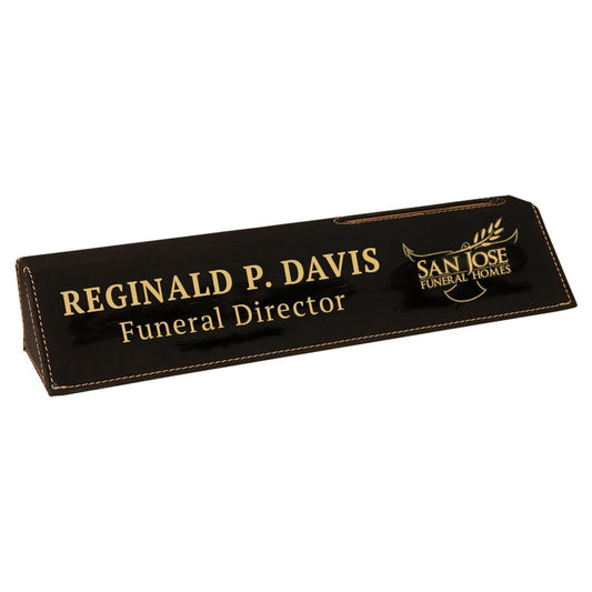 Black-Gold Leather Funeral Home Desk Wedge with Business Card Holder.