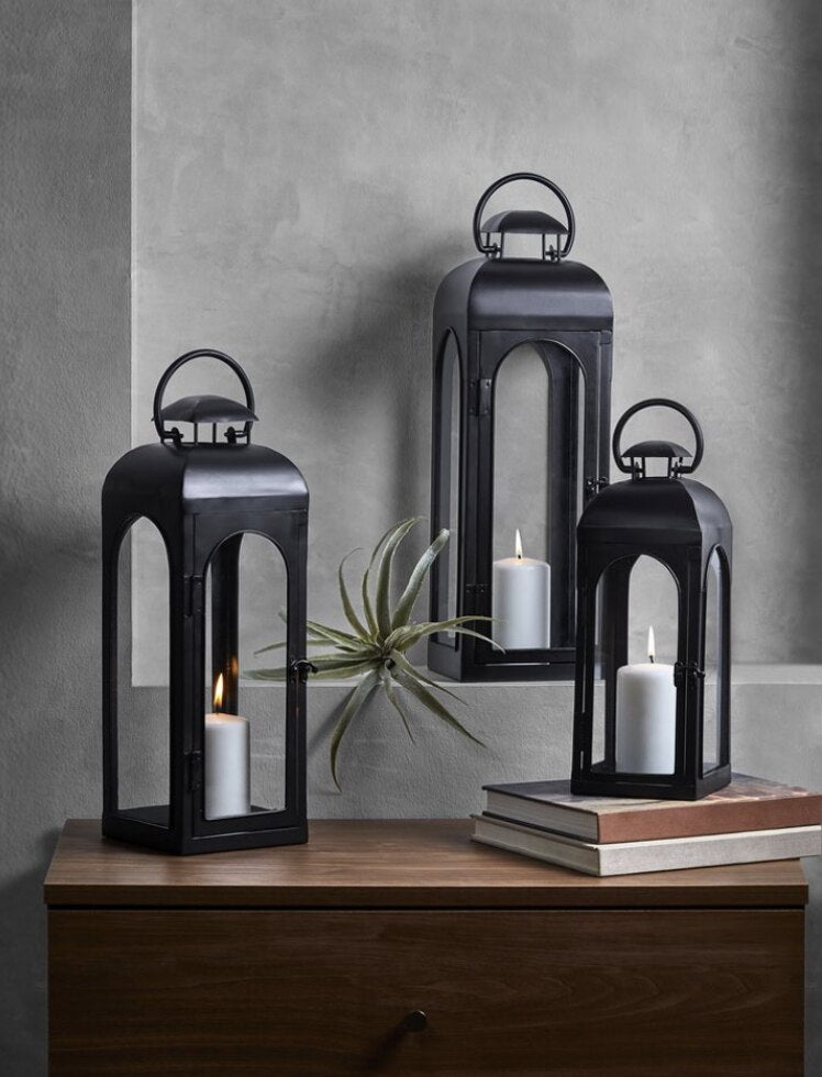 Cardinals Appear Black Memorial Lantern With Wax Candle.