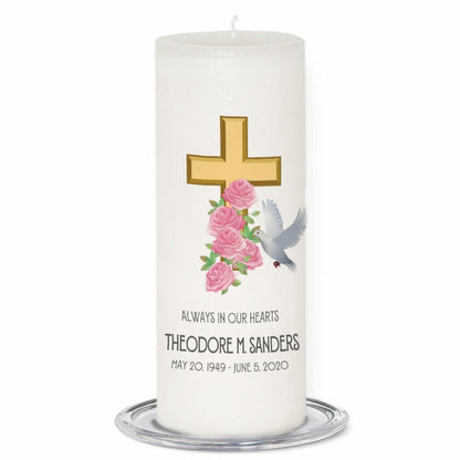 Cross Dove Personalized Wax Memorial Candle.