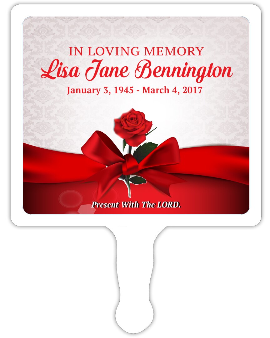 Red Satin Shores All-In-One Plastic Memorial Hand Fan (Pack of 10).