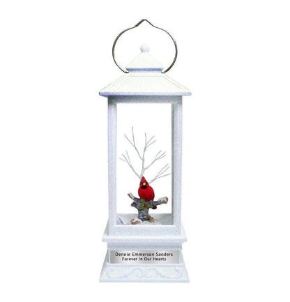 Personalized Memorial Lantern Cardinal with LED Lit Confetti Snow Dome.