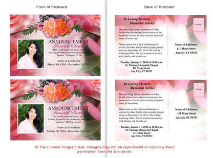Rosy Funeral Announcement Postcard Template.