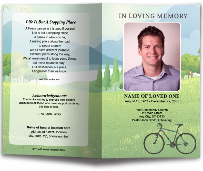 Country Bike Watercolor Funeral Program Template.