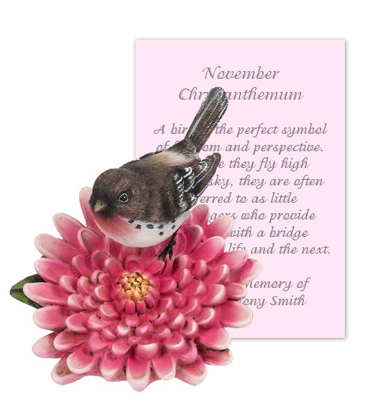 November Chrysanthemum and Bird Sympathy Figurine and Card.