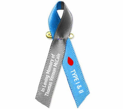 Diabetes Personalized Awareness Ribbon (Blue-Gray) Pack of 10.