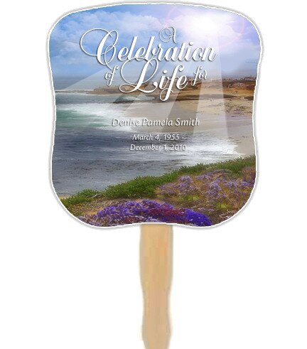 Seascape Cardstock Memorial Fan With Wooden Handle (Pack of 10).